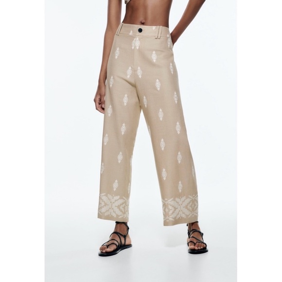 Zara Beige Patterned Wide-Leg Pants